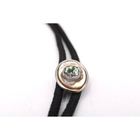 Vintage Western Bolo Tie Abalone Shell Oval Slide Black Braided Cord Brass Tips - Picture 4 of 9
